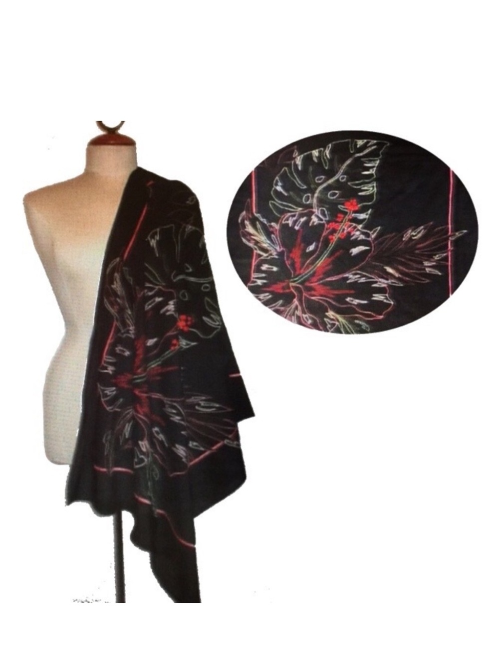 Large Black Wrap with Floral Embroidery